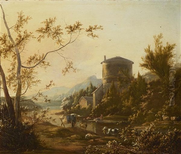 Flusslandschaft Mit Rundturm Und Tieren Am Wasser - view 1