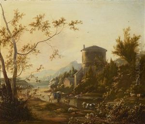 Flusslandschaft Mit Rundturm Und Tieren Am Wasser