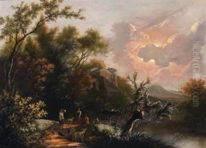 An Italianate Landscape With Shepherds Stopping To Rest On A Road