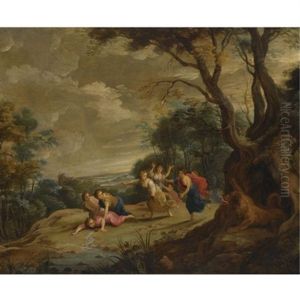 A Wooded Landscape With Maidens Assaulted By A Mythological Beast by Andrea (Andries) Snellinck