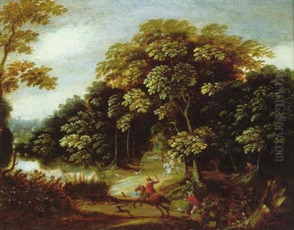 A Hunting Party With Their Dogs In A Wooded River Landscape - view 1