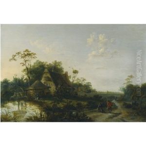 Landscape With Figures Passing By A Cottage And A Pond by Cornelis Snellinck
