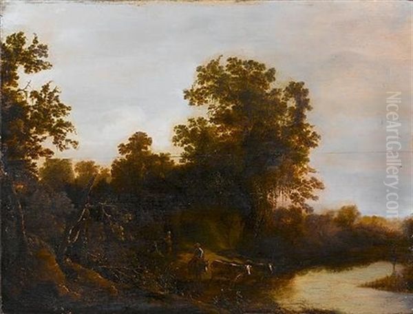 A River Landscape With Cattle Watering And Figures Resting On The Banks - view 1
