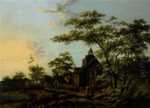 Blick Auf Ein Dorf Mit Rastenden Bauern Und Zwei Monchen In Einer Bewaldeten Landschaft by Cornelis Snellinck