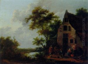 A River Landscape With Figures Before A Cottage With A Man Buying Fish by Cornelis Snellinck