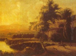 A Wooded Landscape With A Hunting Party Pursuing A Stag, A River And Mountains Beyond