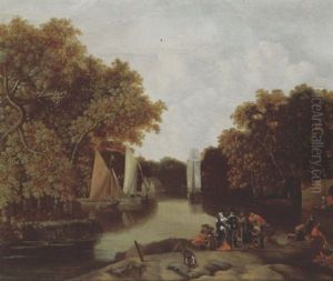 A Wooded River Landscape With Elegant Figures On A River Bank by Cornelis Snellinck