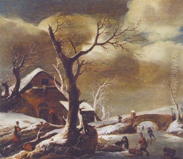 A Winter Landscape With Skaters On A Frozen Waterway Near A Farmhouse - view 1
