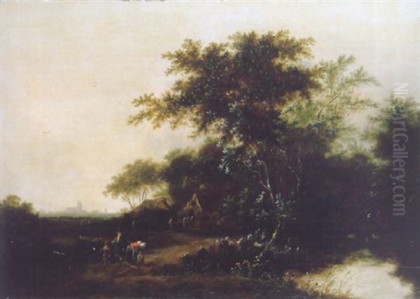 An Evening Wooded Landscape With A Family On A Country Path In The Foreground - view 1