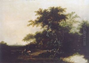 An Evening Wooded Landscape With A Family On A Country Path In The Foreground by Cornelis Snellinck
