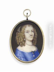 A Young Lady, In White-bordered Blue Dress, Gem-set Drop-pearl Worn At Corsage, Pearl Necklace, Earrings And Pearls In Her Fair Curling Hair A Young Lady, In White-bordered Blue Dress, Gem-set Drop-pearl Worn At Corsage, Pearl Necklace, Earrings And Pearls In Her Fair Curling Hair