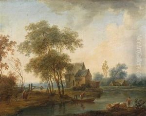 A Landscape With A Farmhouse By A River by Johann Christian Brand