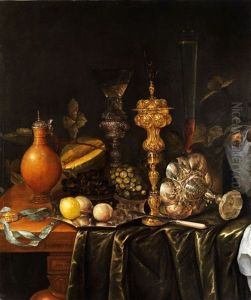 Stilleben Mit Prunkpokalen, Glasern, Kanne, Zitronen Sowie Trauben Auf Einer Silberschale by Jan Snets