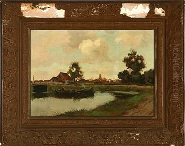 Canal Scene With A Village In The Background - view 1