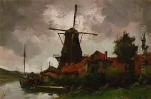 A Barge Moored By A Windmill On A Dutch Waterway by Chris Snijders