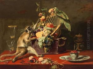 Prachtiges Fruchtestilleben Auf Einem Geschmuckten Tisch Mit Naschendem Affchen Und Papagei by Frans Snijders