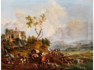 Sudliche Landschaft Mit Ruinen Undzahlreicher Figurenstaffage by Johann Christian Brand