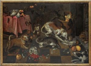 Katzen Und Hunde In Einer Stube Um Essen Kampfend, Im Vordergrund Eine Zerbrochene Wanli-schale by Frans Snijders
