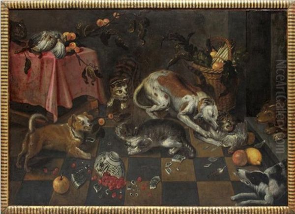 Grosformatige Darstellung Mit Katzen Und Hunden In Einer Stube Um Essen Kampfend, Im Vordergrund Eine Zerbrochene Wanli-schale - view 1