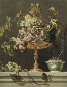 A Tazza Of Grapes With A Bowl Of Wild Strawberries On A Stone Ledge by Frans Snijders