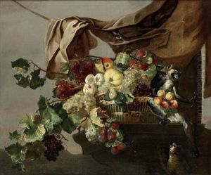A Still Life Of Fruit In A Basket On A Stone Ledge With Two Monkeys, Beneath A Draped Curtain by Frans Snijders