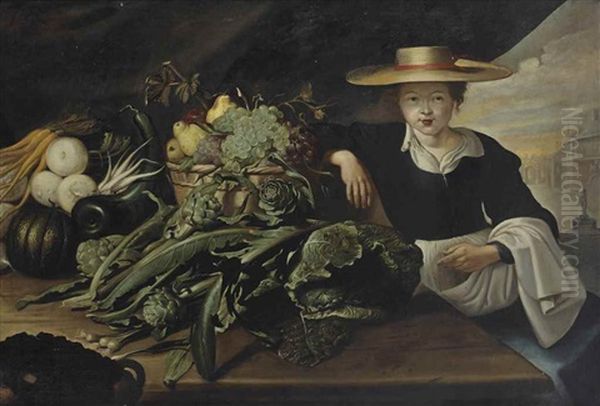 A Vegetable Seller With Cabbages, Artichokes, Turnip Cabbage, Carrots, And Other Vegetables Together With A Wicker Basket Of Fruits On A Wooden Table, A View Of A Town Square Beyond - view 1