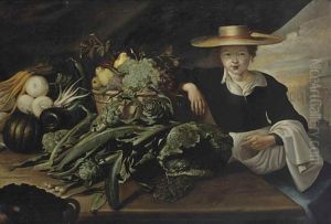 A Vegetable Seller With Cabbages, Artichokes, Turnip Cabbage, Carrots, And Other Vegetables Together With A Wicker Basket Of Fruits On A Wooden Table, A View Of A Town Square Beyond