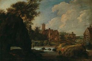 Sudliche Landschaftmit Einem Dorf An Einem Flusschen by Johann Christian Brand