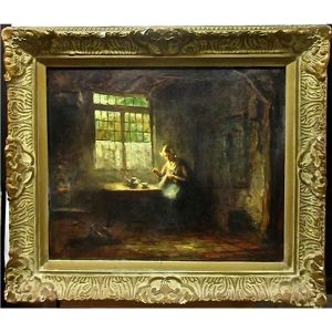 Dutch Woman Sewing By Sunlit Window by Jacques (Jacob Cornelis) Snoeck