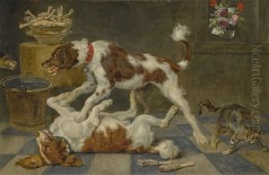 Dogs Fighting In An Interior With A Cat Nearby, A Third Dog Looking In From The Left by Frans Snyders