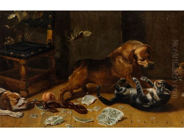 Kampfende Hunde Und Katzen In Einer Kuche - view 1