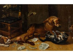 Kampfende Hunde Und Katzen In Einer Kuche by Frans Snyders