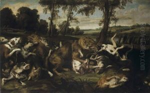 A Wolf Hunt With Hunters Emerging From A Forest Beyond by Frans Snyders