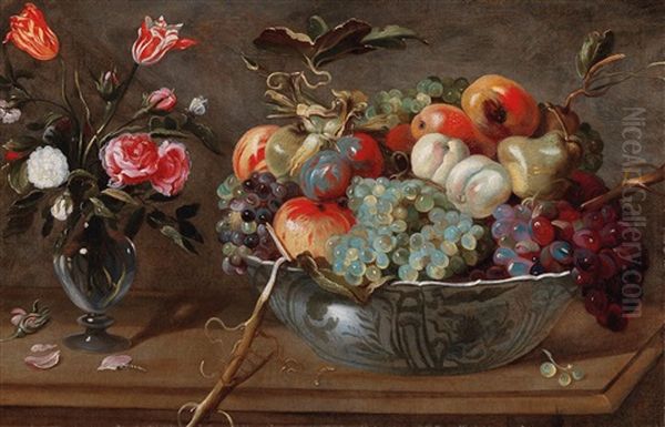 A Still Life Of Fruit And Flowers With Roses And Tulips In A Glass Vase And Pieces Of Fruit In A Wan-li Bowl - view 1