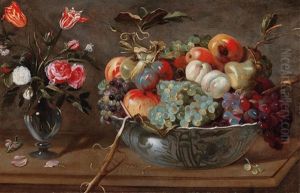 A Still Life Of Fruit And Flowers With Roses And Tulips In A Glass Vase And Pieces Of Fruit In A Wan-li Bowl A Still Life Of Fruit And Flowers With Roses And Tulips In A Glass Vase And Pieces Of Fruit In A Wan-li Bowl