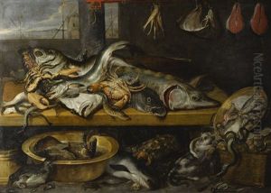 A Fish Stall With A Huge Variety Of Fish And Crustaceans, Including Sturgeon, Eels And Lobsters, Together With A Tortoise by Frans Snyders