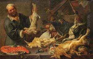 A Cook Holding A Hare And Standing Beside A Draped Table Laden With Dead Hares, A Lobster On A Platter by Frans Snyders