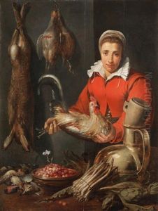 A Kitchen Maid Holding A Cockerel, With Game, Asparagus, Artichokes, Kitchen Utensils And A Bowl Of Fraises De Bois On A Table (collaboration With Studio) by Frans Snyders