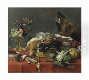 A Draped Table Laden With Game, Fruit, Vegetables And A Boar's Head by Frans Snyders