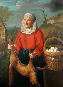 An Old Woman With A Basket Of Eggs, Holding A Dead Fox by Peter (Petrus) Snyers