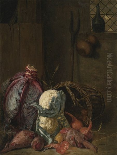 A Vegetable Still Life In An Interior With A Red Cabbage, Together With Cauliflower, Beetroot And Onions In A Wicker Basket - view 1