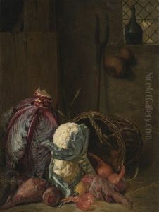 A Vegetable Still Life In An Interior With A Red Cabbage, Together With Cauliflower, Beetroot And Onions In A Wicker Basket by Peter (Petrus) Snyers