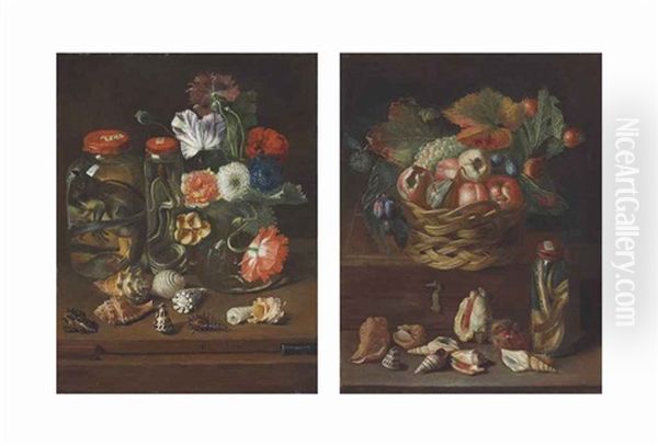 Flowers In A Glass Vase With Reptiles In Preserve Jars And Shells On A Wooden Table; Fruit In A Wicker Basket With A Snake (pair) - view 1