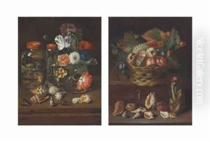 Flowers In A Glass Vase With Reptiles In Preserve Jars And Shells On A Wooden Table; Fruit In A Wicker Basket With A Snake (pair)