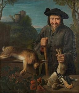 Portrait D'un Garde-chasse Avec Un Trophee De Lievre, Lapins Et Pic Epeiche