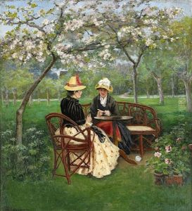 Pratstund Under Blommande Frukttrad by Johanna Sophia Soedergren