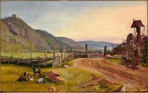 En Udsigt I Jonkopings Lehn Ved Indsoen Til Wettern. I Baggrunden Byen Grenna, I Mellemgrunden Til Venstre Braheshus Ruiner; I Forgrunden Kiorevejen Til Stockholm; Lidet For Solens Nedgang by Frederik Hansen Sodring
