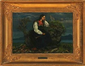 Norwegian Woman With A Wind Instrument Sitting On A Stone