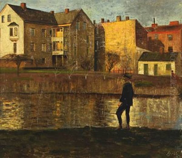 Sunny Autumn Day With Houses And A Man At A Lake - view 1