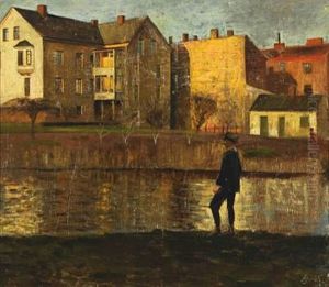 Sunny Autumn Day With Houses And A Man At A Lake by Axel Soeborg